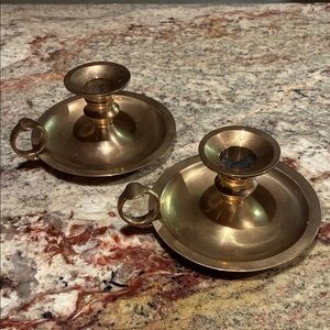 Vintage Brass Candle Holders W/ Finger Loop 
Marked Made In India